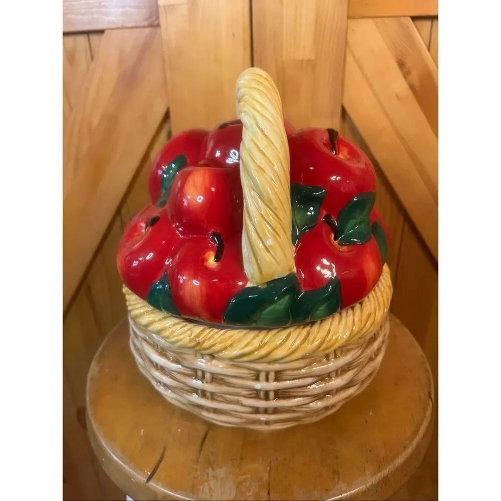 Vtg Ceramic Basket Of Red Apples Cookie Jar Handle Orchard Canister Farm House (